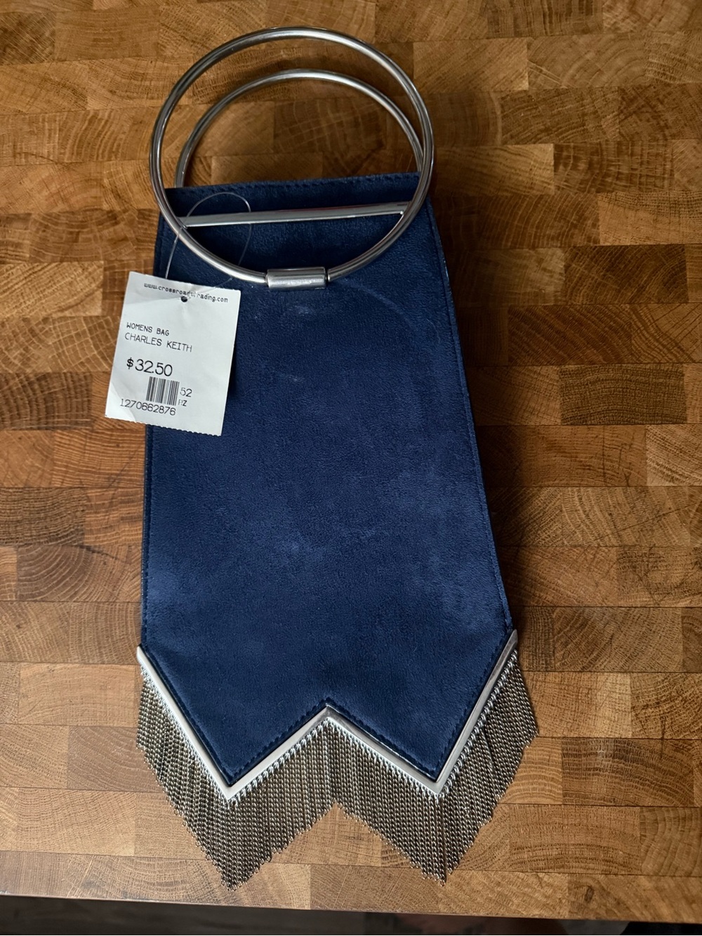 Charles & Keith Navy Suede Clutch with Silver Ring Handles and Fringe